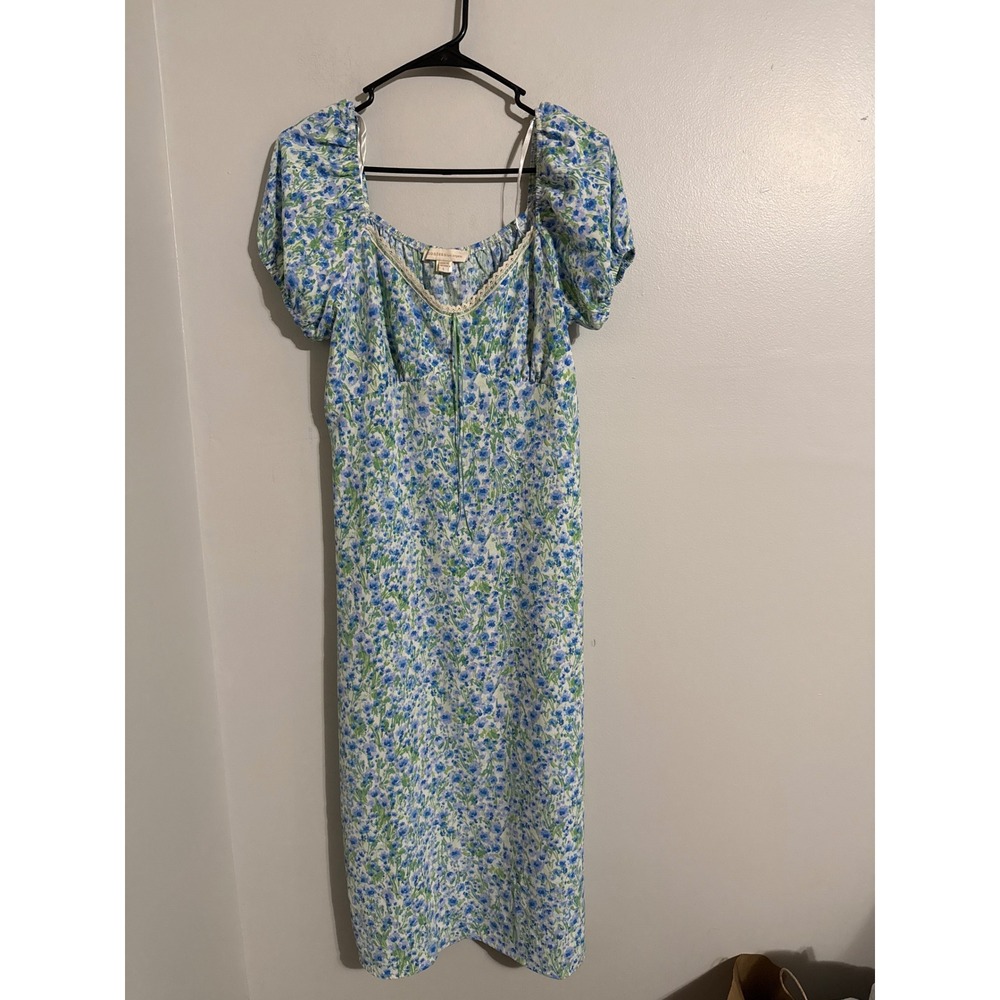 Monteau Los Angeles Blue Green Floral Puff Sleeve Midi Dress Square Neck L